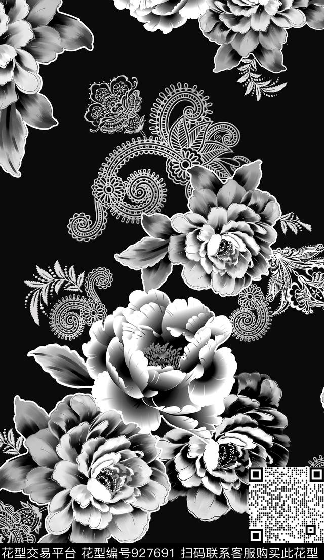 平底大花民族风1.jpg - 927691 - 手绘花卉 春夏花型 黑白花型 - 数码印花花型 － 女装花型设计 － 瓦栏