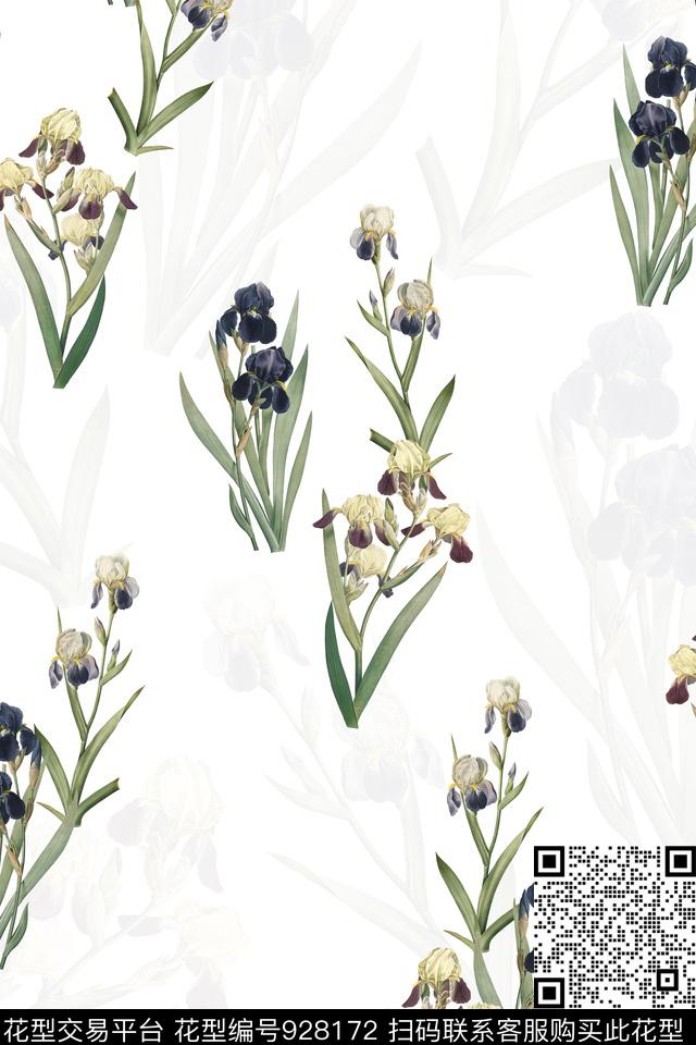 花卉兰花清爽底花卉数码印花花型下载（图片编号: 928172） - 瓦栏（Walan）