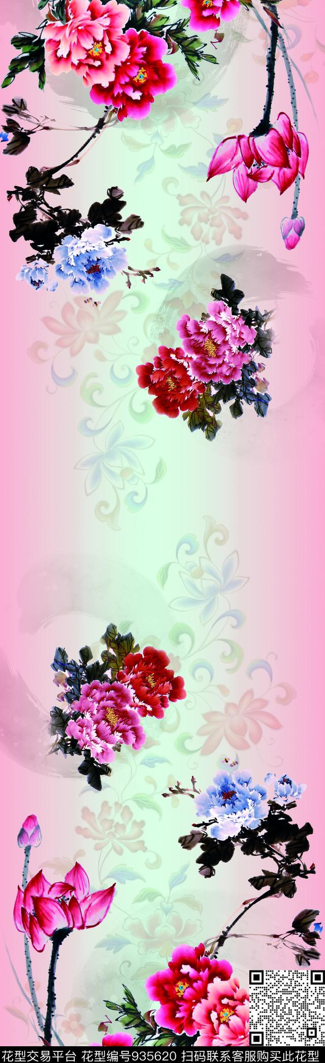 国画  牡丹142.jpg - 935620 - 数码花型 花卉 民族风 - 数码印花花型 － 长巾花型设计 － 瓦栏