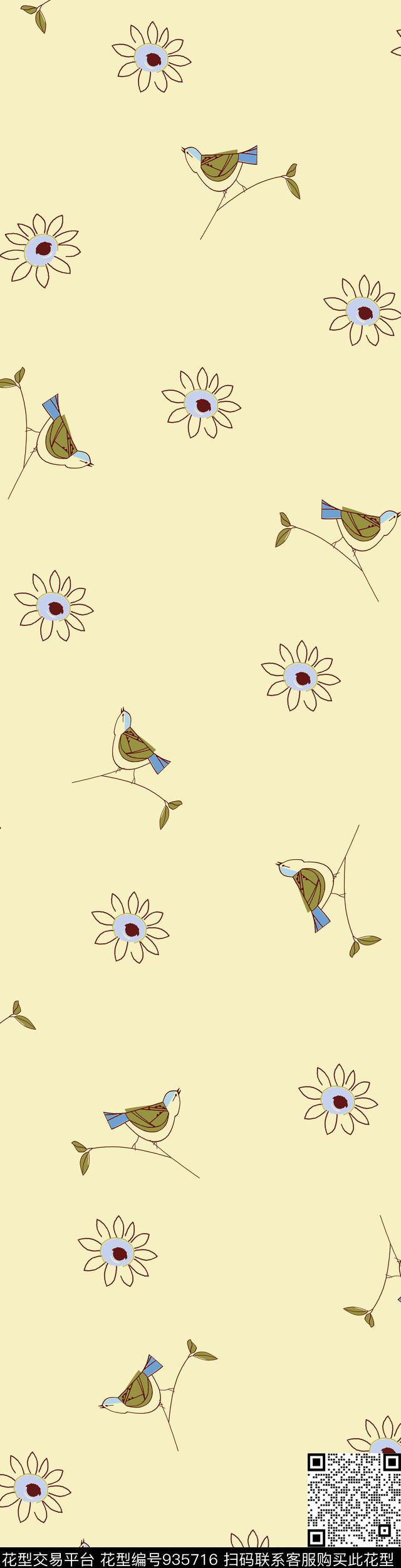 花鸟   .jpg - 935716 - 鸟 花卉 卡通 - 数码印花花型 － 床品花型设计 － 瓦栏