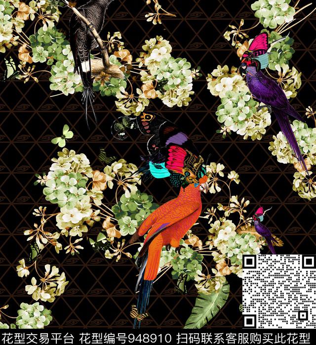 花鸟2.jpg - 948910 - 绣球花 GUCCI 鸟/昆虫 - 数码印花花型 － 女装花型设计 － 瓦栏