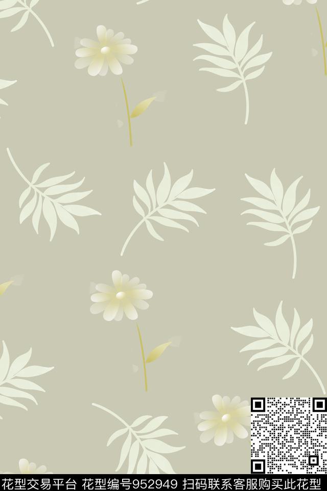 棕榈树黄花水彩绘棕榈树叶数码印花花型下载（图片编号: 952949） - 瓦栏（Walan）