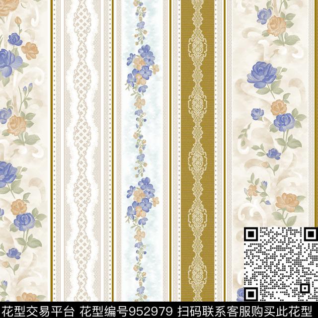 手绘花卉条纹网布蕾丝传统印花花型下载（图片编号: 952979） - 瓦栏（Walan）