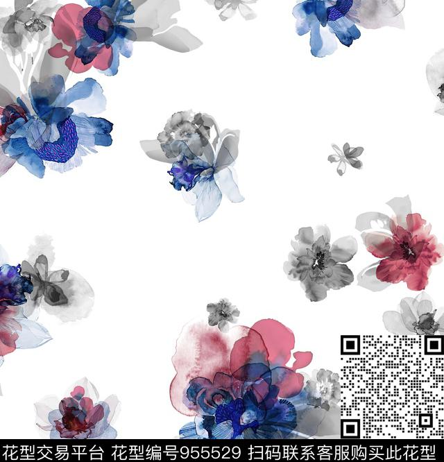 朦胧花卉抽象水彩花卉数码印花花型下载（图片编号: 955529） - 瓦栏（Walan）