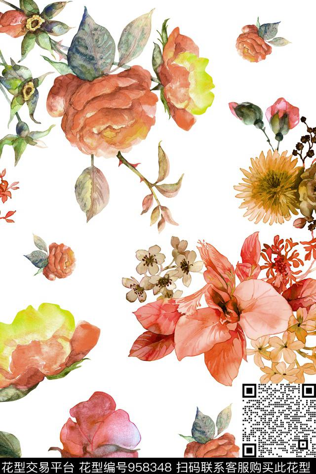 YD000700093.jpg - 958348 - 数码花型 花卉 手绘大花 - 数码印花花型 － 女装花型设计 － 瓦栏
