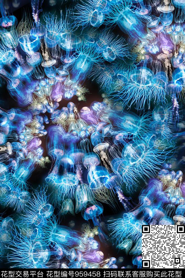 海洋蓝色聚合水母.jpg - 959458 - 海洋水母 蓝色科技生物 神秘海洋 - 数码印花花型 － 女装花型设计 － 瓦栏