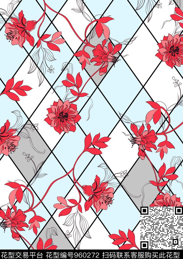 条格几何花卉现代花卉传统印花花型下载（图片编号: 960272） - 瓦栏（Walan）