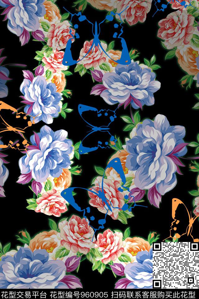 秋冬花型风格化花卉蝴蝶数码印花花型下载（图片编号: 960905） - 瓦栏（Walan）