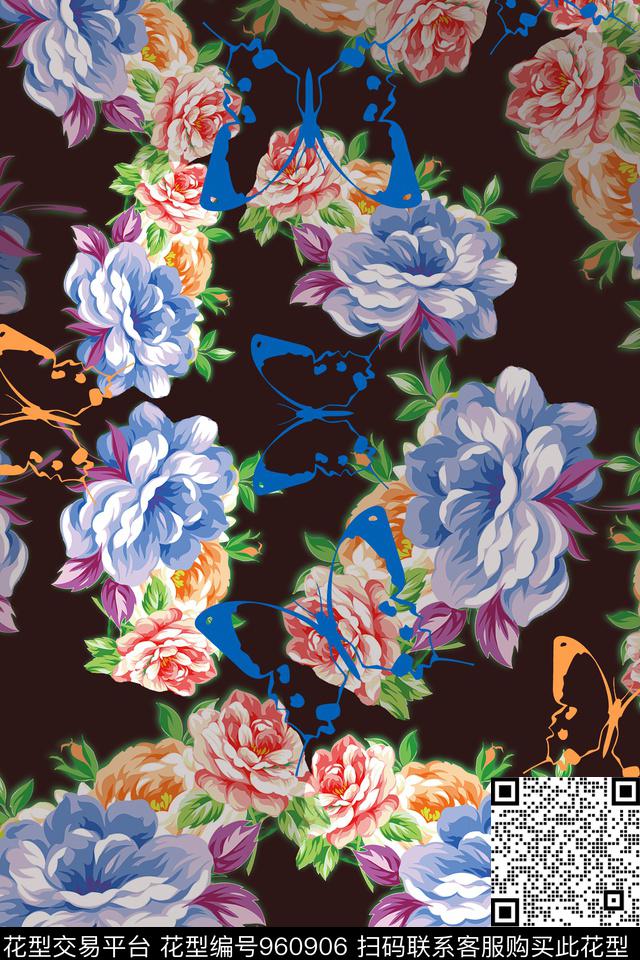 秋冬花型风格化花卉蝴蝶数码印花花型下载（图片编号: 960906） - 瓦栏（Walan）