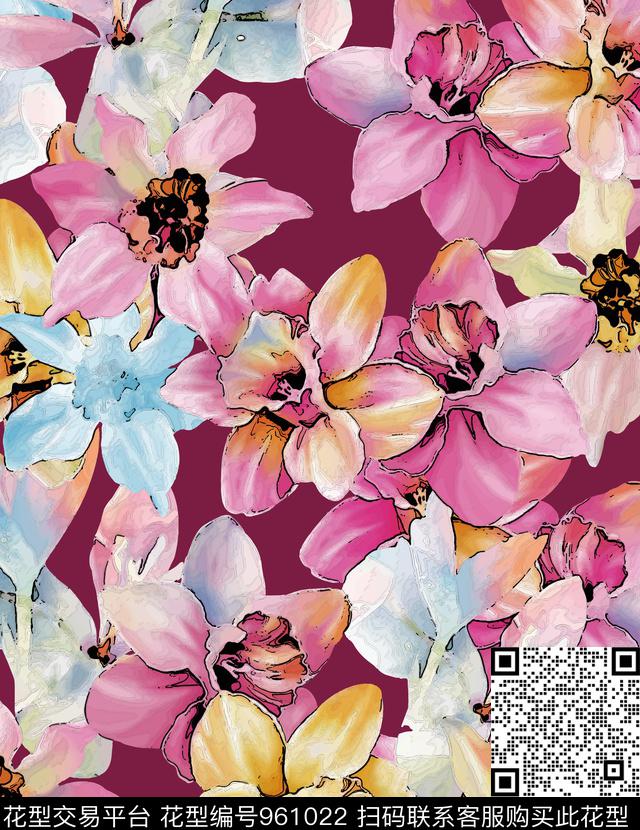 ZY171024.jpg - 961022 - 花卉 玫瑰花 绿植树叶 - 数码印花花型 － 女装花型设计 － 瓦栏