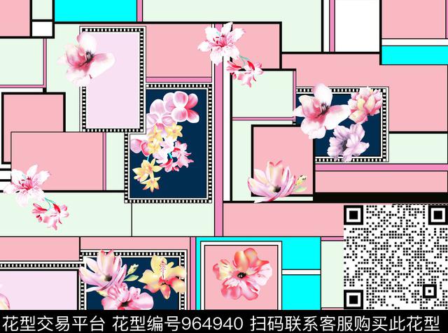 几何清爽底花卉几何花卉数码印花花型下载（图片编号: 964940） - 瓦栏（Walan）