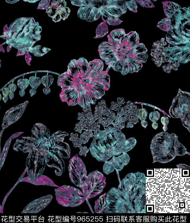 1700-18.jpg - 965255 - 彩底花卉 抽象花卉 手绘大花 - 数码印花花型 － 男装花型设计 － 瓦栏