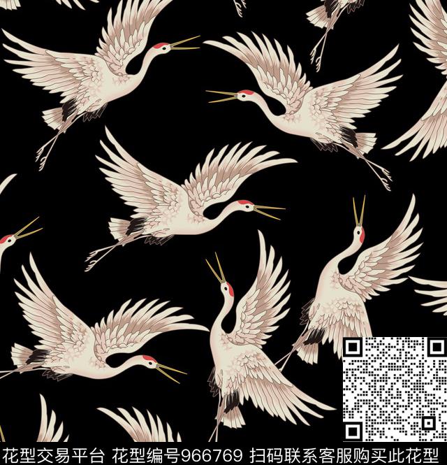 飞鹤仙鹤鸟传统印花花型下载（图片编号: 966769） - 瓦栏（Walan）