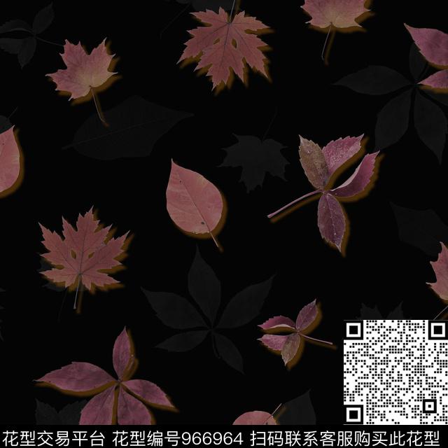 树叶.jpg - 966964 - 黑底花卉 剪影 绿植树叶 - 数码印花花型 － 女装花型设计 － 瓦栏
