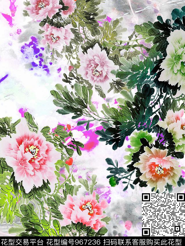 泼墨炫彩花卉数码印花花型下载（图片编号: 967236） - 瓦栏（Walan）