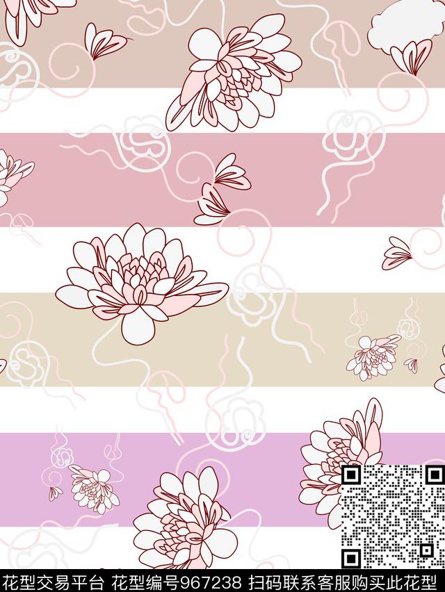条纹清爽底花卉简约线条花传统印花花型下载（图片编号: 967238） - 瓦栏（Walan）