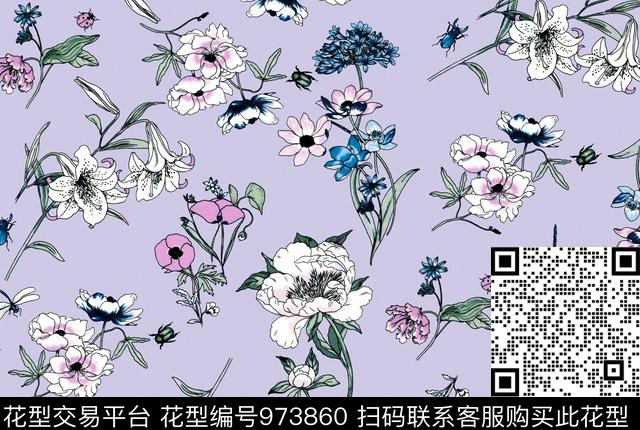 鲜花植物手绘花卉数码印花花型下载（图片编号: 973860） - 瓦栏（Walan）