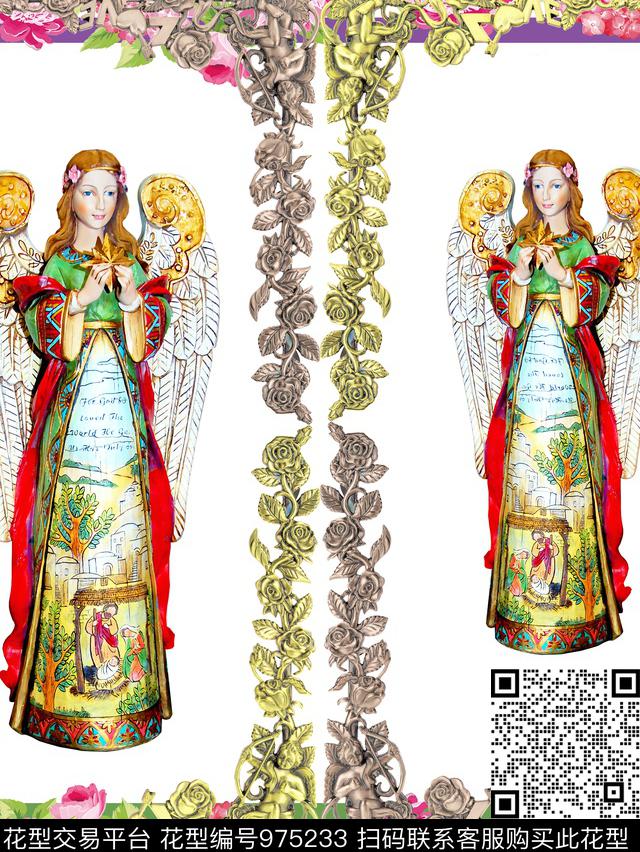 动物花卉女神玫瑰相框数码印花花型下载（图片编号: 975233） - 瓦栏（Walan）