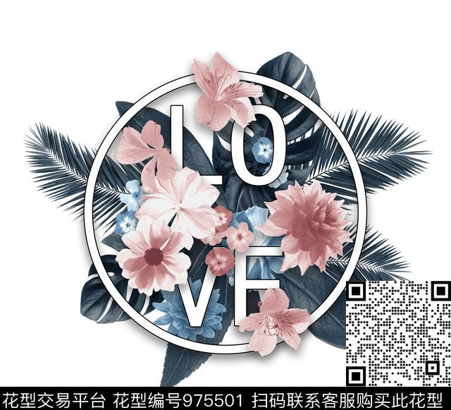 大花卉胸前独幅字母数码印花花型下载（图片编号: 975501） - 瓦栏（Walan）