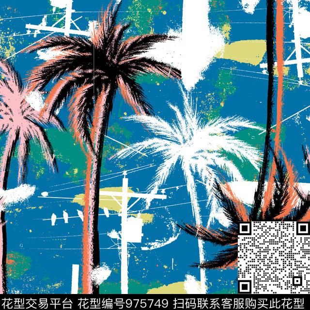 椰子树抽象风景手绘风景传统印花花型下载（图片编号: 975749） - 瓦栏（Walan）