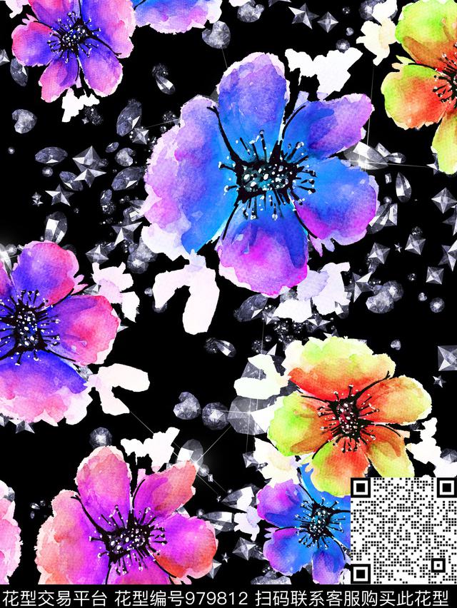 炫彩花卉珠宝宝石数码印花花型下载（图片编号: 979812） - 瓦栏（Walan）