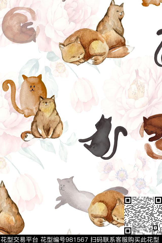 撸猫.jpg - 981567 - 趣味 水彩花卉 猫 - 数码印花花型 － 女装花型设计 － 瓦栏
