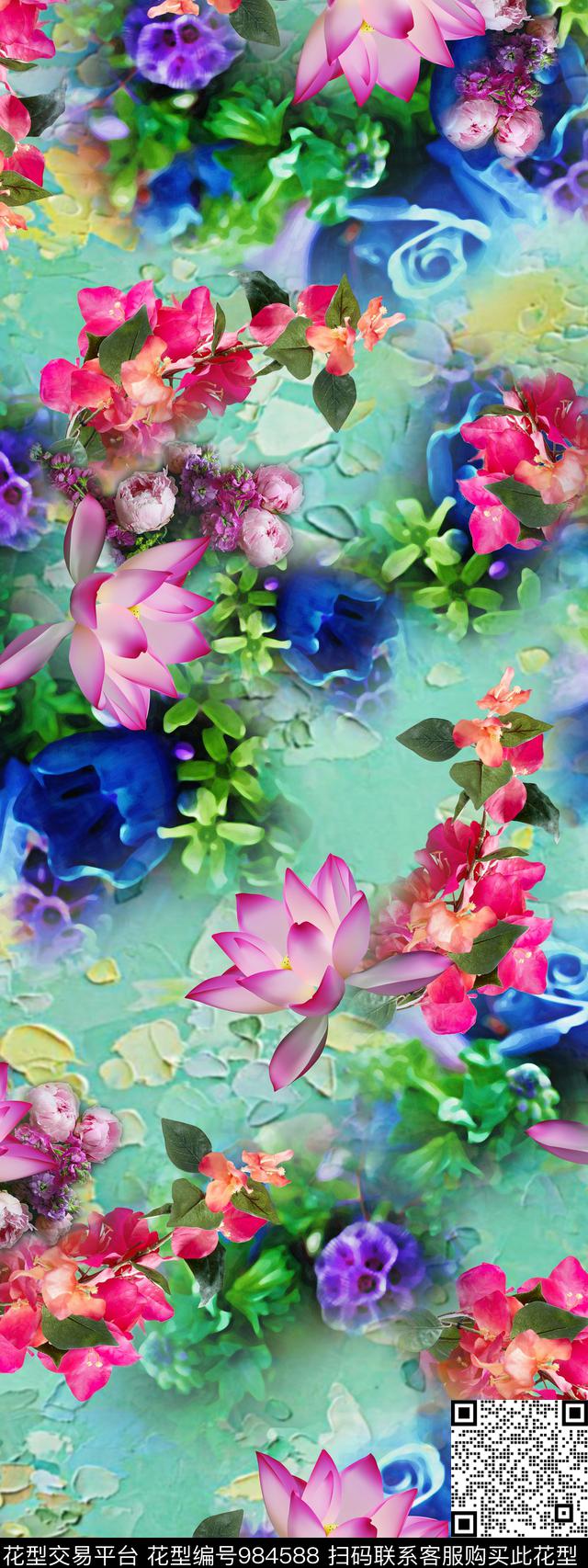 FJX011203.jpg - 984588 - 数码花型 鲜花 手绘花卉 - 数码印花花型 － 长巾花型设计 － 瓦栏