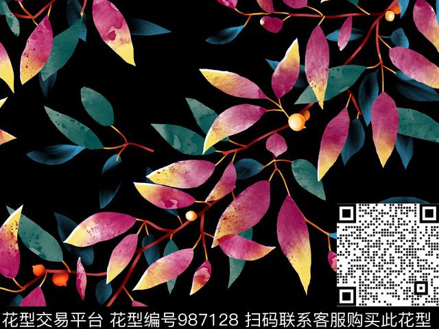 肌理水彩花卉绿植树叶传统印花花型下载（图片编号: 987128） - 瓦栏（Walan）