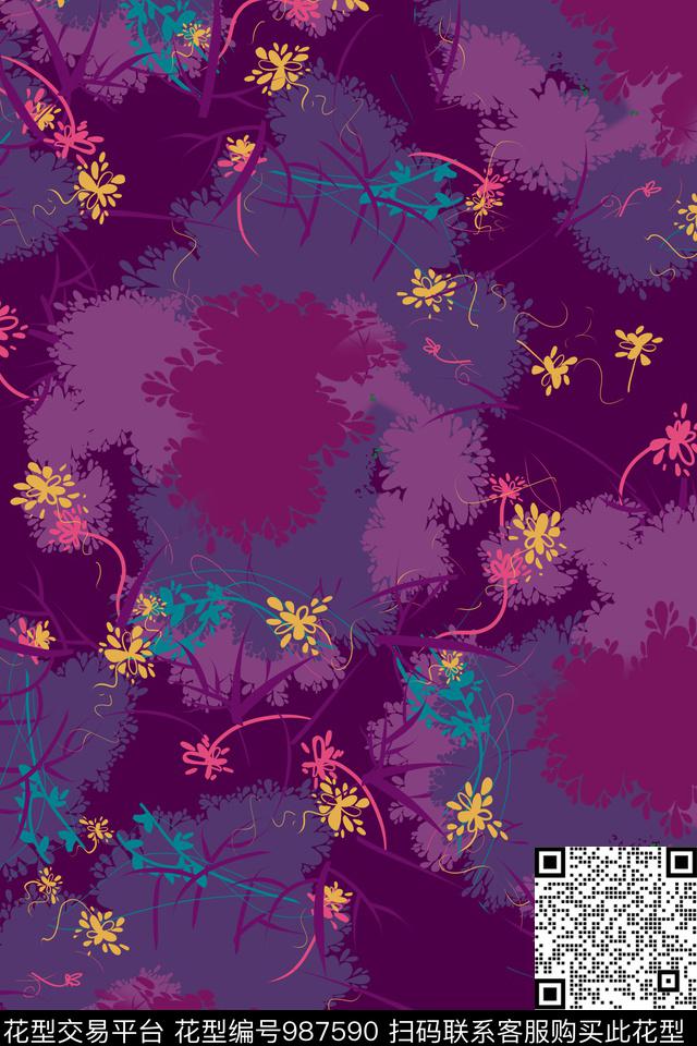 紫色花卉图案.jpg - 987590 - 炫彩 传统花型 清爽底花卉 - 传统印花花型 － 女装花型设计 － 瓦栏