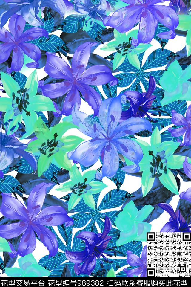 彩底花卉百合热带花型数码印花花型下载（图片编号: 989382） - 瓦栏（Walan）
