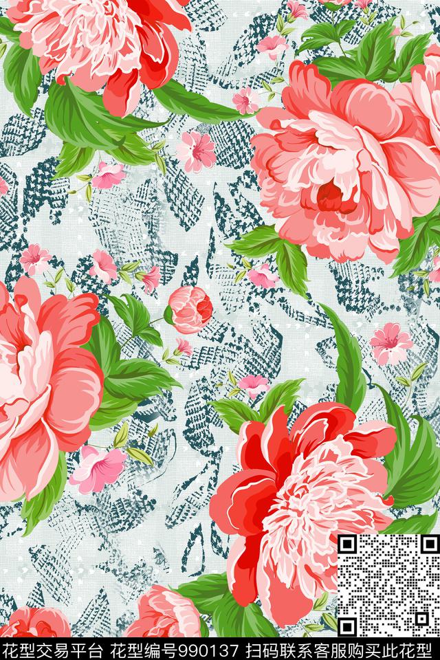 花卉牡丹波点数码印花花型下载（图片编号: 990137） - 瓦栏（Walan）