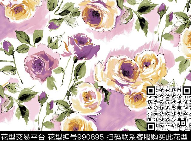 64479_ROSE GARDEN_V2.jpg - 990895 - 花卉 水彩花卉 枝叶 - 传统印花花型 － 床品花型设计 － 瓦栏