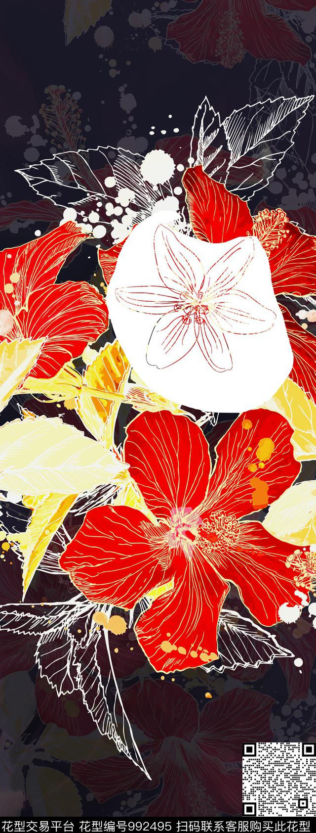 花卉定位花围巾数码印花花型下载（图片编号: 992495） - 瓦栏（Walan）