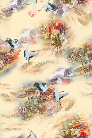 中国风古代建筑印花花型图片