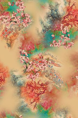 中国风古代建筑印花花型图片