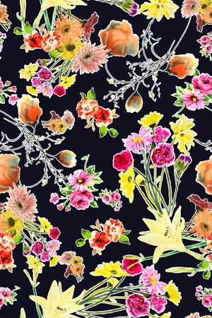 深底 黑底 水彩 水墨 效果 花卉 花朵 印花花型图片