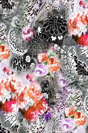 数码 黑底 红花 抽象 花卉 花朵印花花型图片