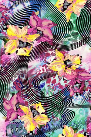 条纹 线条 花朵 花卉 黄色 数码 服装印花花型图片