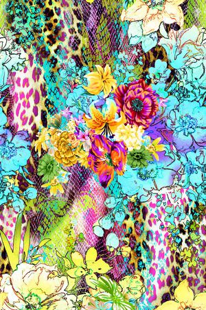 蛇纹 豹纹 花卉 小花 大花 拼贴 艳丽 蓝色 玫红印花花型图片