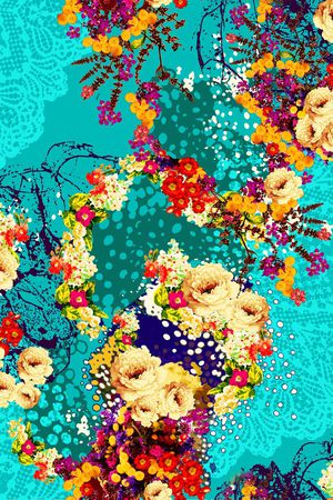 蓝底 大花 花卉 花朵 服装印花花型图片