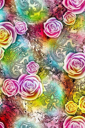 数码 服装 花卉 玫瑰 七彩 粉色 印花花型图片