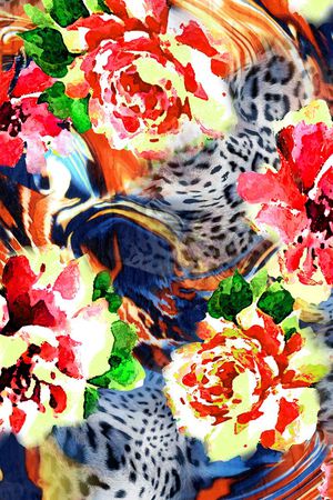 数码 豹纹 大红花  花朵  鲜花 服装 复古印花花型图片