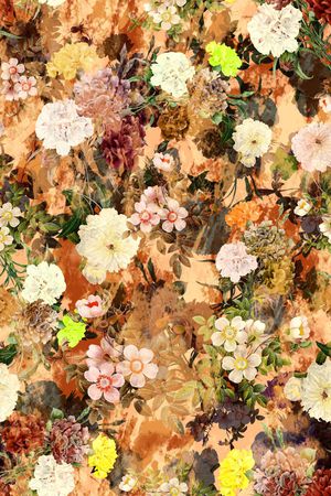 多彩 花卉 花朵 组合 满底 黄色 绿叶印花花型图片