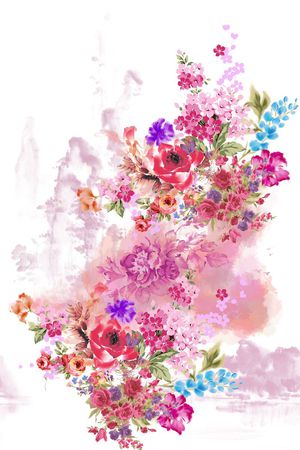 水墨风  多彩 花卉 花朵 山峰 印花花型图片