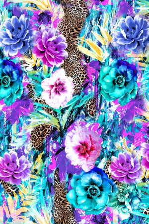 数码  豹纹 大花  花卉 花朵 拼贴 动物纹 服装印花花型图片