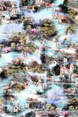 油画 风景 建筑 烟雾 缭绕 仙境  房屋 印花花型图片