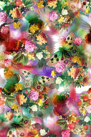 手绘 蝴蝶 油画 花卉 花朵 鲜花  动物 彩色 印花花型图片