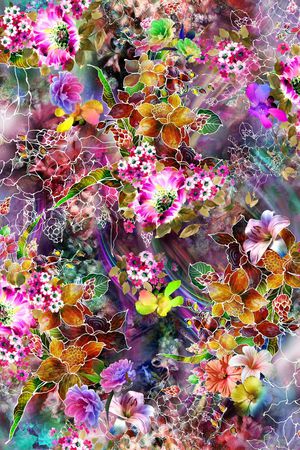数码 炫彩 镂空 线条 大花 油画 花朵 花卉 印花花型图片