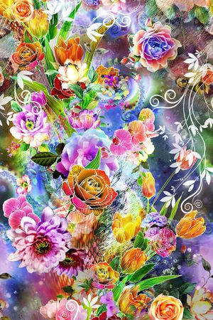 数码 多彩 镂空 线条 花朵 大牡丹 花卉 服装印花花型图片