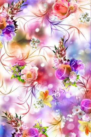 数码 服装 花卉 花朵 多彩 底纹 灵动 线条 花束印花花型图片